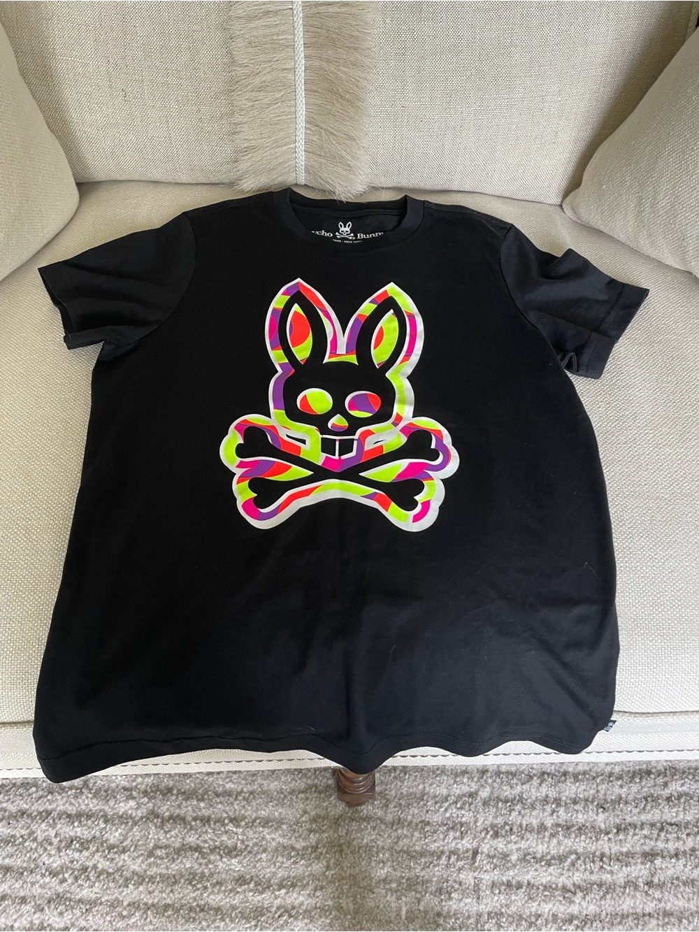Psycho Bunny Black Tee with Neon Pink Yellow Green Bunny Logo